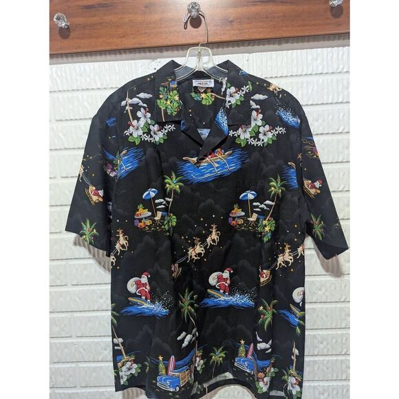 Pacific Legend Men's Black Christmas Hawaiian Pattern Button-Down Shirt Size 2XL - Picture 1 of 6